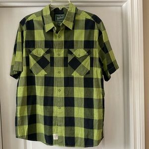 🎉HOSTS PICK🎉Woolrich mens shirt sz L snap front short sleeves navy green plaid